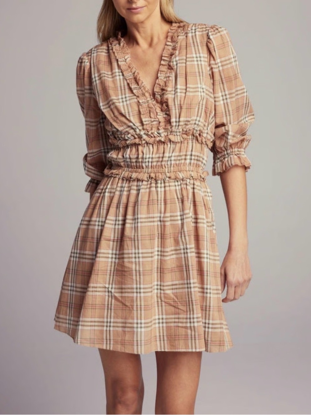 NWT Sundays by Wearesundays Brown Plaid Ruffle Mini Dress - Size S